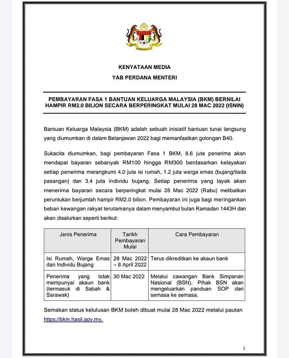 RASMI : Pembayaran Fasa 1 BKM Bermula Pada 28 April